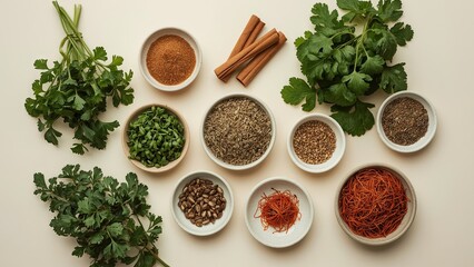 A bird's eye view of a variety of herbs and spices neatly arranged on a plain background, showcasing vibrant colors and textures, highlighting important ingredients for delicious cooking