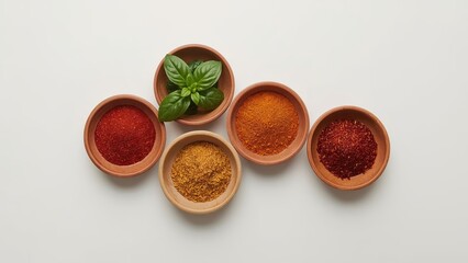 A bird's eye view of a variety of herbs and spices neatly arranged on a plain background, showcasing vibrant colors and textures, highlighting important ingredients for delicious cooking