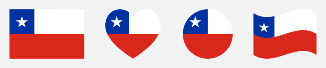 Chile flags set in square, heart, circle and waving formats designs element. Chile flags collection. Set of Chilean flags icons isolated on gray background. Vector illustration.