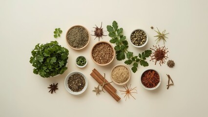 A bird's eye view of a variety of herbs and spices neatly arranged on a plain background, showcasing vibrant colors and textures, highlighting important ingredients for delicious cooking