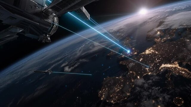 Satellite Laser Communication: High-tech satellite beams laser signals down to earth, showcasing advanced communication technology against a backdrop of city lights and the planet Earth.