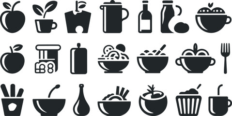 Vector food and drink icons:  minimalist black glyph style