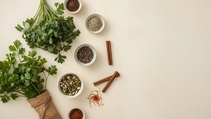 A bird's eye view of a variety of herbs and spices neatly arranged on a plain background, showcasing vibrant colors and textures, highlighting important ingredients for delicious cooking
