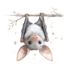 Adorable Bat Hanging Upside Down from Branch with Oversized Ears and Soft Fur in a Whimsical Style