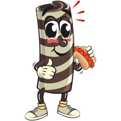 cute chocolate wafer roll mascot cartoon vector illustration carrying a hotdog while giving a thumbs up, funny dessert character in striped snack design for kids and food packaging, work of hand drawn