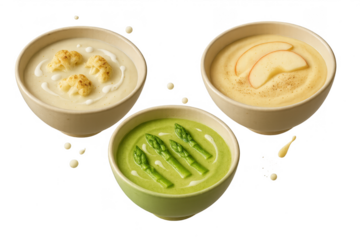Three bowls of creamy vegetable and fruit soups isolated on transparent background, healthy food