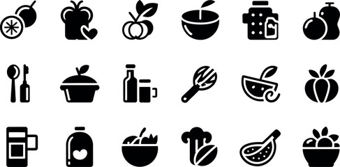 Vector food icons: healthy eating, minimalist black glyph style