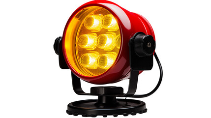 Bright red LED spotlight with powerful illumination isolated on transparent background