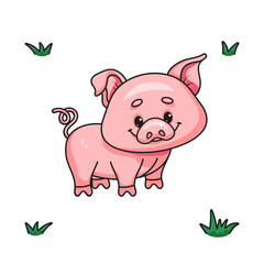 Cute Cartoon Piglet on Grass. Vector Illustration