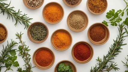 A bird's eye view of a variety of herbs and spices neatly arranged on a plain background, showcasing vibrant colors and textures, highlighting important ingredients for delicious cooking
