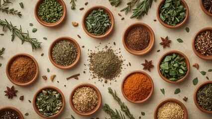 A bird's eye view of a variety of herbs and spices neatly arranged on a plain background, showcasing vibrant colors and textures, highlighting important ingredients for delicious cooking