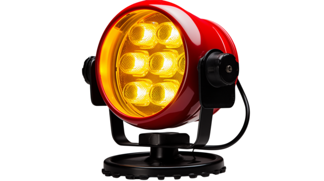 Bright red LED spotlight with powerful illumination isolated on transparent background