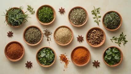 A bird's eye view of a variety of herbs and spices neatly arranged on a plain background, showcasing vibrant colors and textures, highlighting important ingredients for delicious cooking