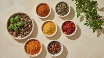 A bird's eye view of a variety of herbs and spices neatly arranged on a plain background, showcasing vibrant colors and textures, highlighting important ingredients for delicious cooking