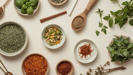 A bird's eye view of a variety of herbs and spices neatly arranged on a plain background, showcasing vibrant colors and textures, highlighting important ingredients for delicious cooking