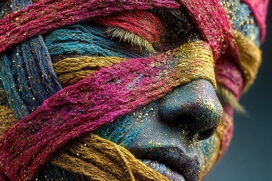 A human bust completely wrapped in intricate, multicolored threads of yarn, vibrant pink, cyan, and yellow colors are interwoven.