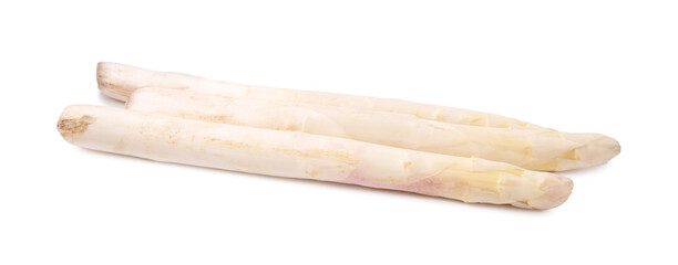 Three raw asparagus spears isolated on white