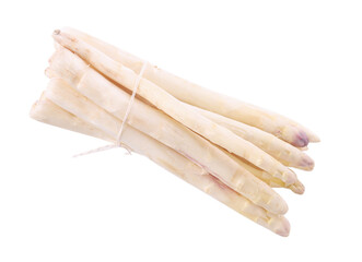 Bunch of raw asparagus spears isolated on white, top view