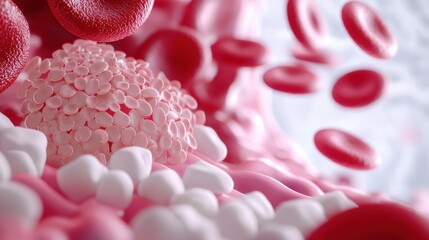 Vein Blood Flow Concept, Close-Up View of Blood Platelets Interacting Inside the Human Body