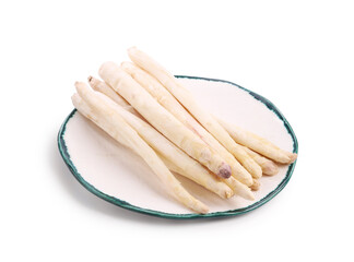 Many raw asparagus spears isolated on white