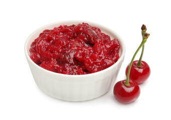 Tasty cherry jam and fresh fruits isolated on white