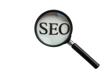 Magnifying glass focused on the word seo isolated on transparent background