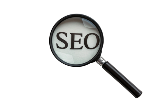 Magnifying glass focused on the word seo isolated on transparent background