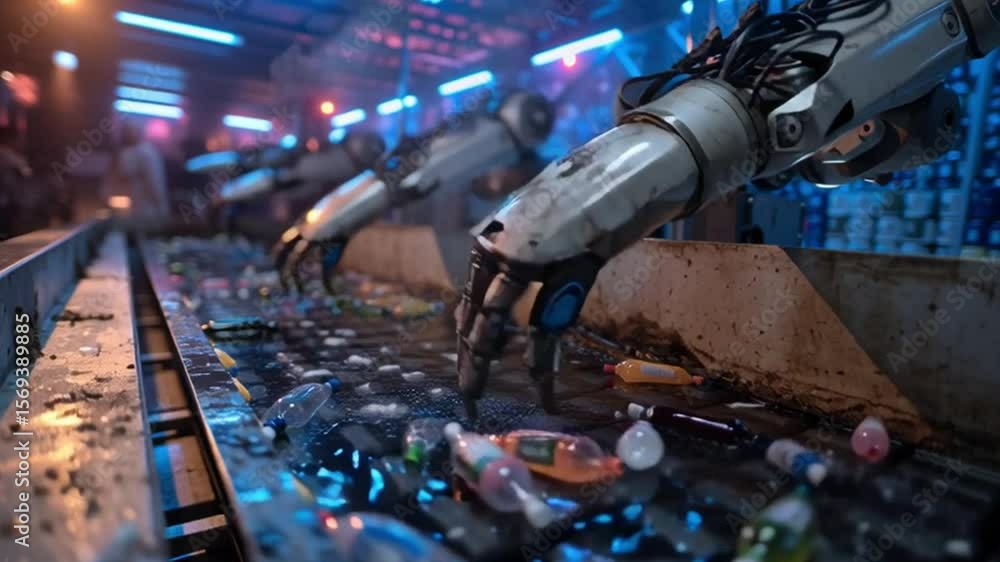Poster robotic waste sorting: futuristic robotic arms meticulously sort through a stream of waste, showcasi