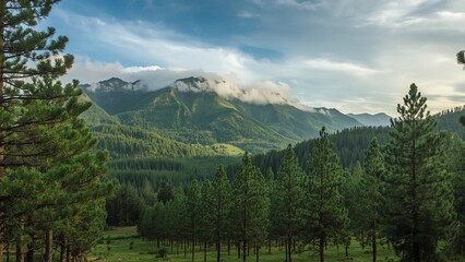 Majestic green mountains covered with dense pine forests stretching across the landscape, evoking a sense of natural beauty, tranquility, wilderness, and the timeless power of untouched alpine scenery