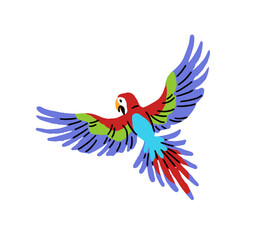Happy scarlet macaw is flying in the air. Cute tropical parrot, ara flies in jungle. Funny exotic bird with colourful feathers, rainforest animal. Flat hand drawn isolated vector illustration on white