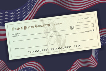 Blank Stimulus Check on US Flag Background. Economic Relief Program Concept and Financial Support