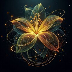 Stunning digital artworks featuring intricate, glowing flowers with wireframe petals, golden spheres, and vibrant colors against dark backgrounds. AI generated.
