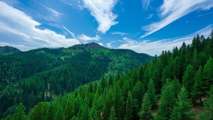 Majestic green mountains covered with dense pine forests stretching across the landscape, evoking a sense of natural beauty, tranquility, wilderness, and the timeless power of untouched alpine scenery