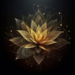 Stunning digital artworks featuring intricate, glowing flowers with wireframe petals, golden spheres, and vibrant colors against dark backgrounds. AI generated.
