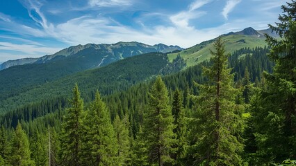 Majestic green mountains covered with dense pine forests stretching across the landscape, evoking a sense of natural beauty, tranquility, wilderness, and the timeless power of untouched alpine scenery