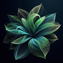 Stunning digital artworks featuring intricate, glowing flowers with wireframe petals, golden spheres, and vibrant colors against dark backgrounds. AI generated.
