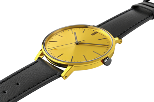 Classic gold wristwatch with black leather strap isolated on transparent background