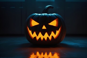 Spooky Glowing Jack-o'-Lantern in Dark Room with Reflective Surface – Halloween Horror Art
