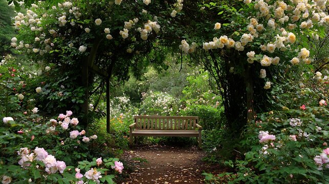 A quiet garden bench surrounded by flowers / 花に包まれた静かなガーデンベンチ