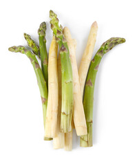 Many raw asparagus spears isolated on white, top view