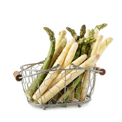 Different raw asparagus spears in metal basket isolated on white