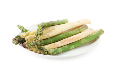 Different raw asparagus spears isolated on white