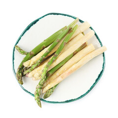 Different raw asparagus spears isolated on white, top view