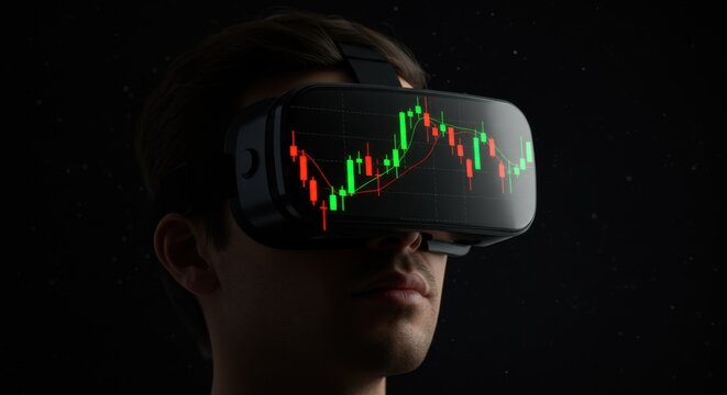Man wearing a virtual reality headset with an illuminated financial stock chart on the screen. Metaverse trading.