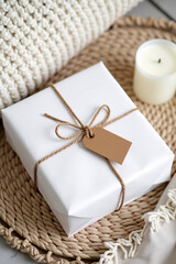 Wrapped Gift Box with Tag on Knitted Blanket with Candle