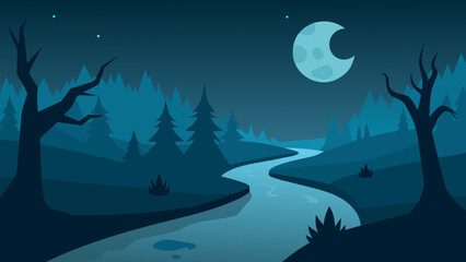 Naklejka premium night landscape with moon and stars