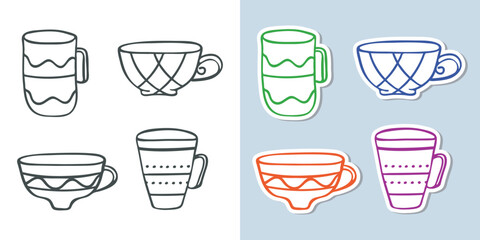 Tea or coffee cup outline icon, Clip art sticker set. Doodle hand drawn texture decorative stroke line, black sketch contour mug, coloured cartoon flat design. Isolated elements. Vector illustration