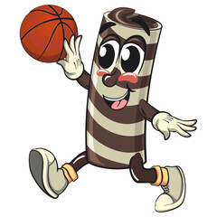 cute chocolate wafer roll mascot cartoon vector illustration jump and fly shooting the basketball, funny dessert character in striped snack design for kids and food packaging, work of hand drawn