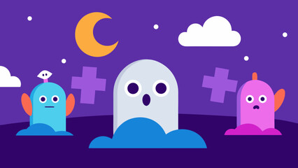 Cartoon graveyard where the tombstones have funny faces and silly ghosts