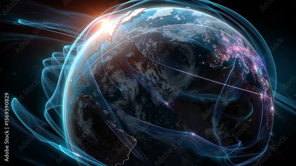 Poster global connection: a mesmerizing abstract art featuring earth enveloped in a network of glowing line